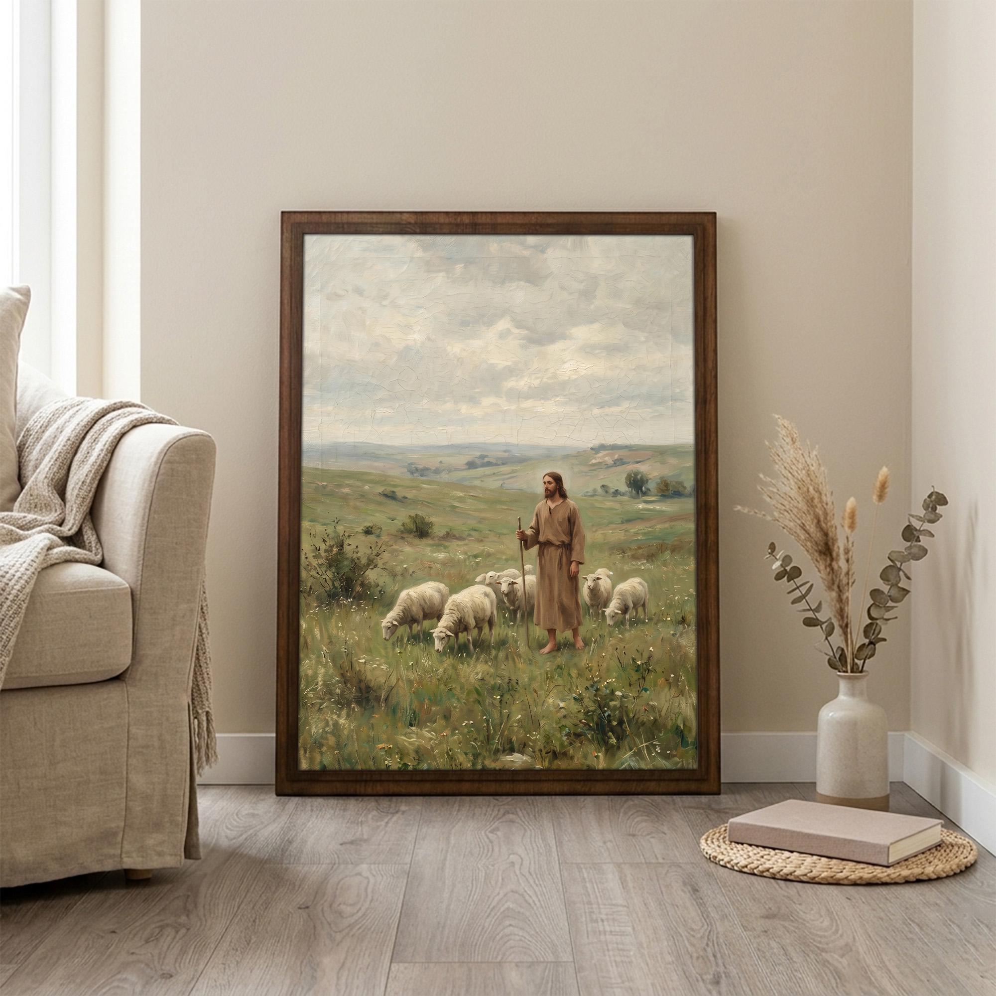 Jesus Good Shepherd, Christian Wall Art, Religious Oil Painting, Scripture Home Decor, Framed Canvas Wood Art, Catholic Gifts, Christ Print