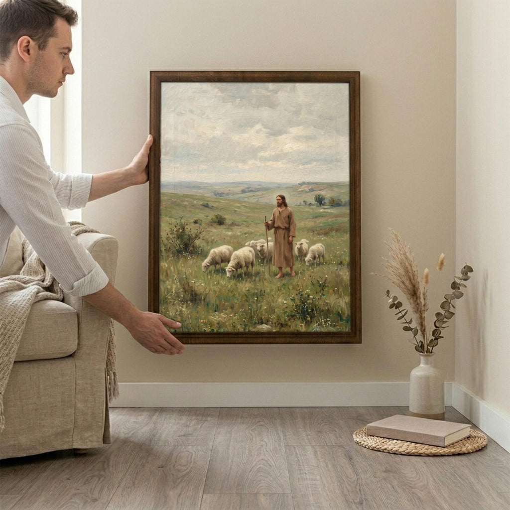 Jesus Good Shepherd, Christian Wall Art, Religious Oil Painting, Scripture Home Decor, Framed Canvas Wood Art, Catholic Gifts, Christ Print