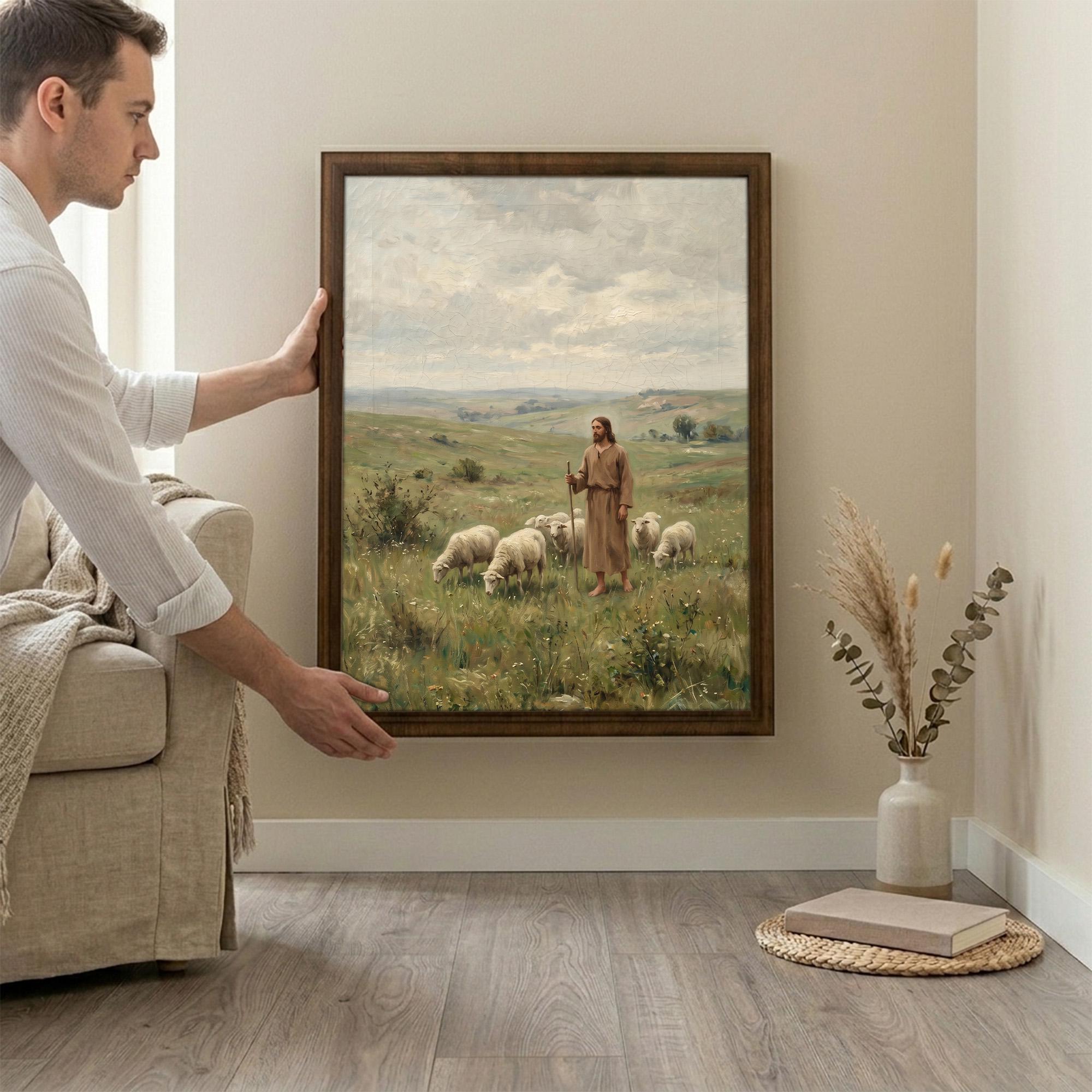Jesus Good Shepherd, Christian Wall Art, Religious Oil Painting, Scripture Home Decor, Framed Canvas Wood Art, Catholic Gifts, Christ Print