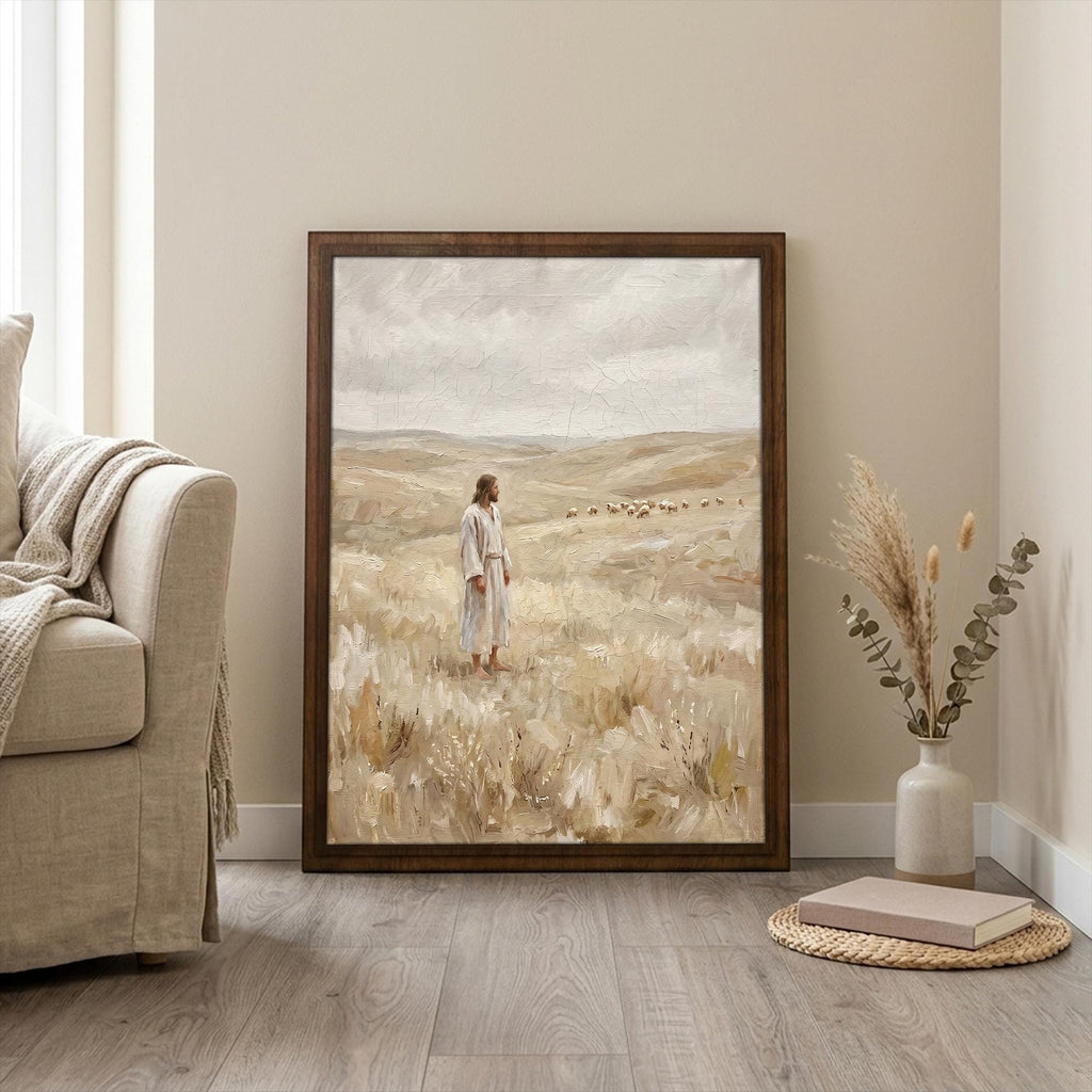 Jesus Good Shepherd, Christian Wall Art, Religious Oil Painting, Scripture Home Decor, Framed Canvas Wood Art, Catholic Gifts, Christ Print