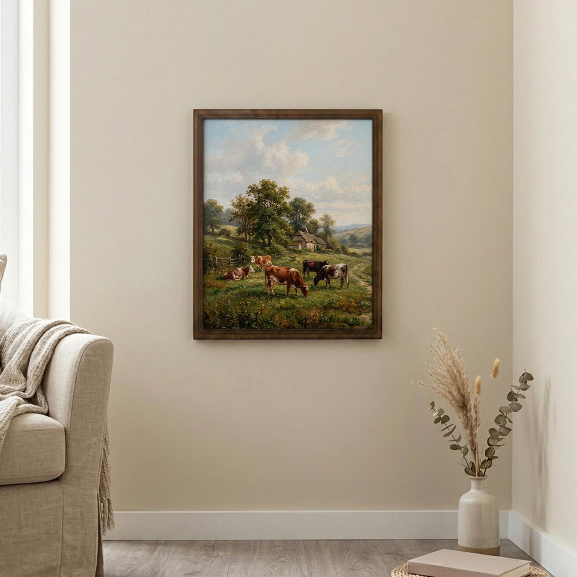 Cow Oil Painting, Farmhouse Wall Decor, Countryside Landscape Art, Framed Canvas Wood Art, Cottagecore Decor, Rustic Nature, Vintage Print