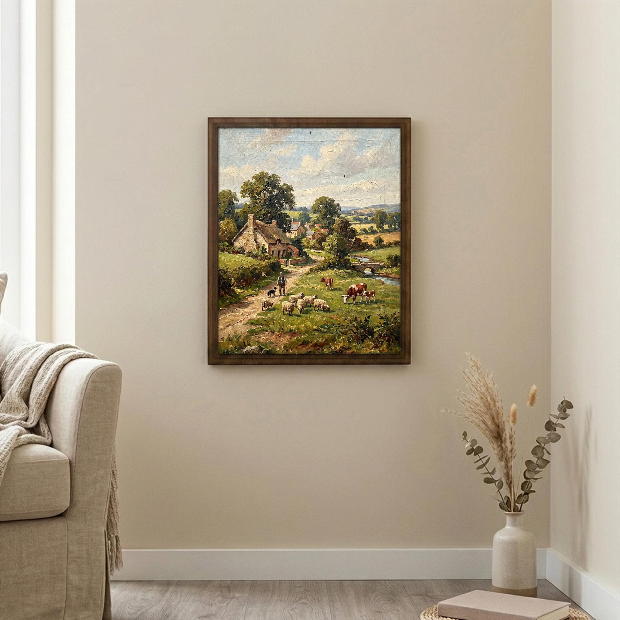 Countryside Landscape Art, Farmhouse Wall Decor, Vintage Village Painting, Framed Canvas Wood Art, Cottagecore Decor, Rustic Nature