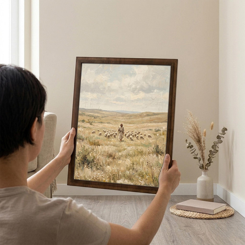 Jesus Good Shepherd, Christian Wall Art, Religious Oil Painting, Scripture Home Decor, Framed Canvas Wood Art, Catholic Gifts, Christ Print