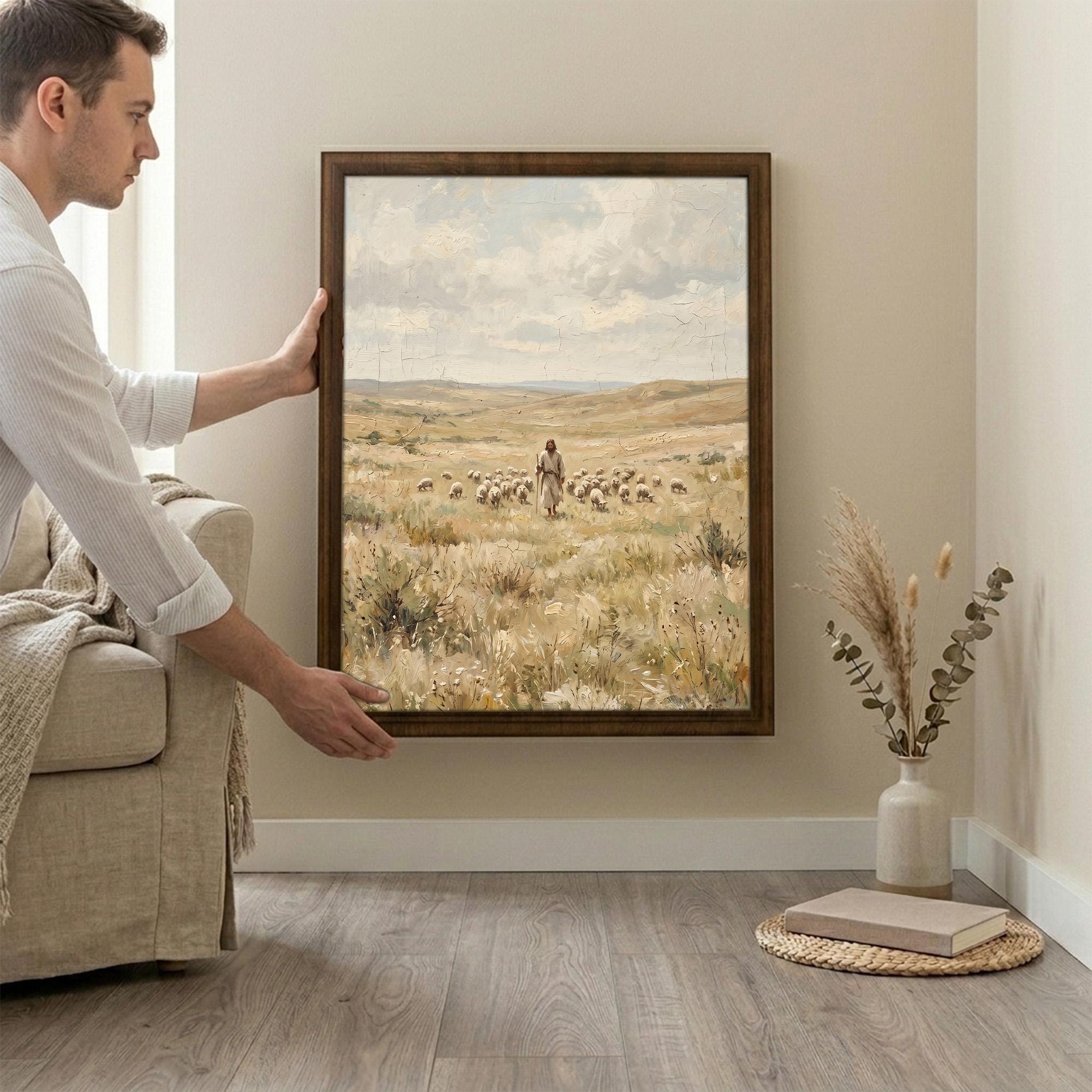 Jesus Good Shepherd, Christian Wall Art, Religious Oil Painting, Scripture Home Decor, Framed Canvas Wood Art, Catholic Gifts, Christ Print