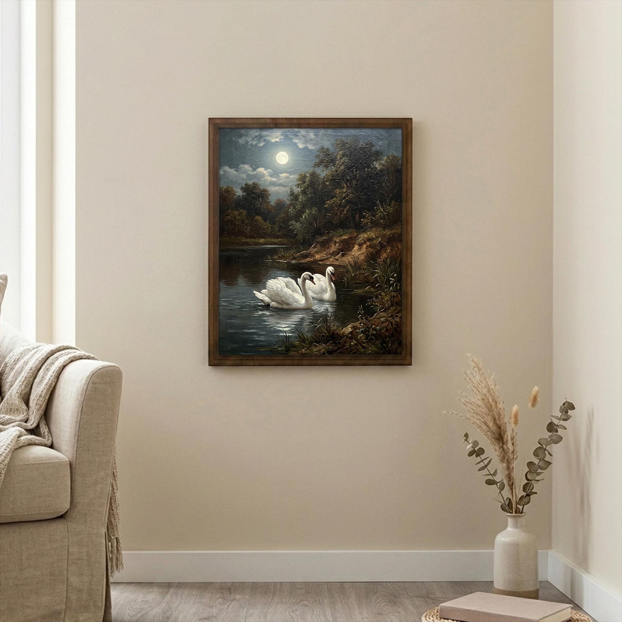 Framed Vintage Swan Painting, Moonlight Oil Painting Canvas, Antique Moon Wall Art, Dark Academia Decor, Night Landscape Cottagcore