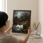 Framed Vintage Swan Painting, Moonlight Oil Painting Canvas, Antique Moon Wall Art, Dark Academia Decor, Night Landscape Cottagcore
