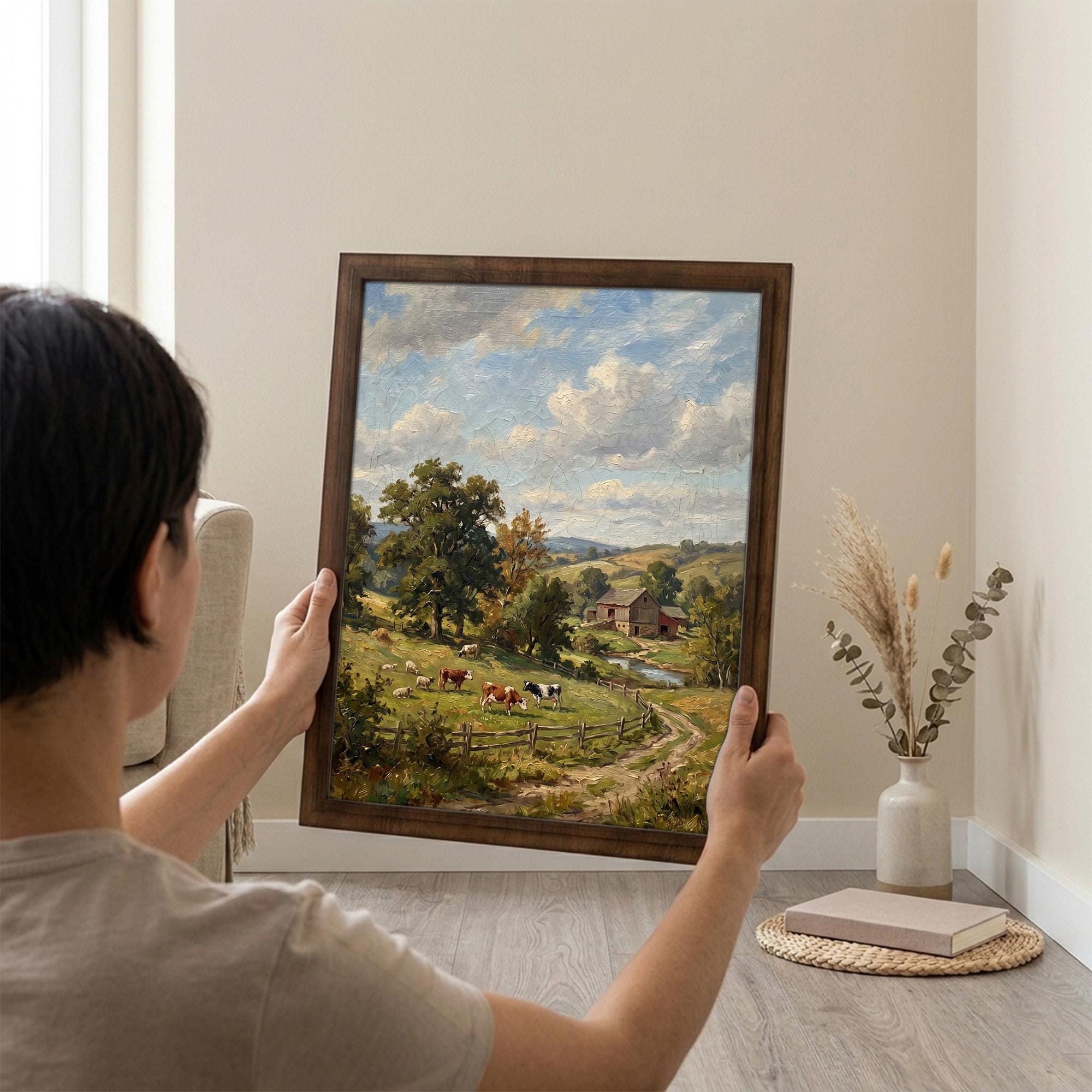 Cow Oil Painting, Farmhouse Wall Decor, Countryside Landscape Art, Framed Canvas Wood Art, Cottagecore Decor, Rustic Nature, Barn Print