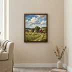 Farmhouse Wall Art, Countryside Landscape Art, Red Barn Painting, Framed Canvas Wood Art, Cottagecore Decor, Rustic Nature, Cow Print