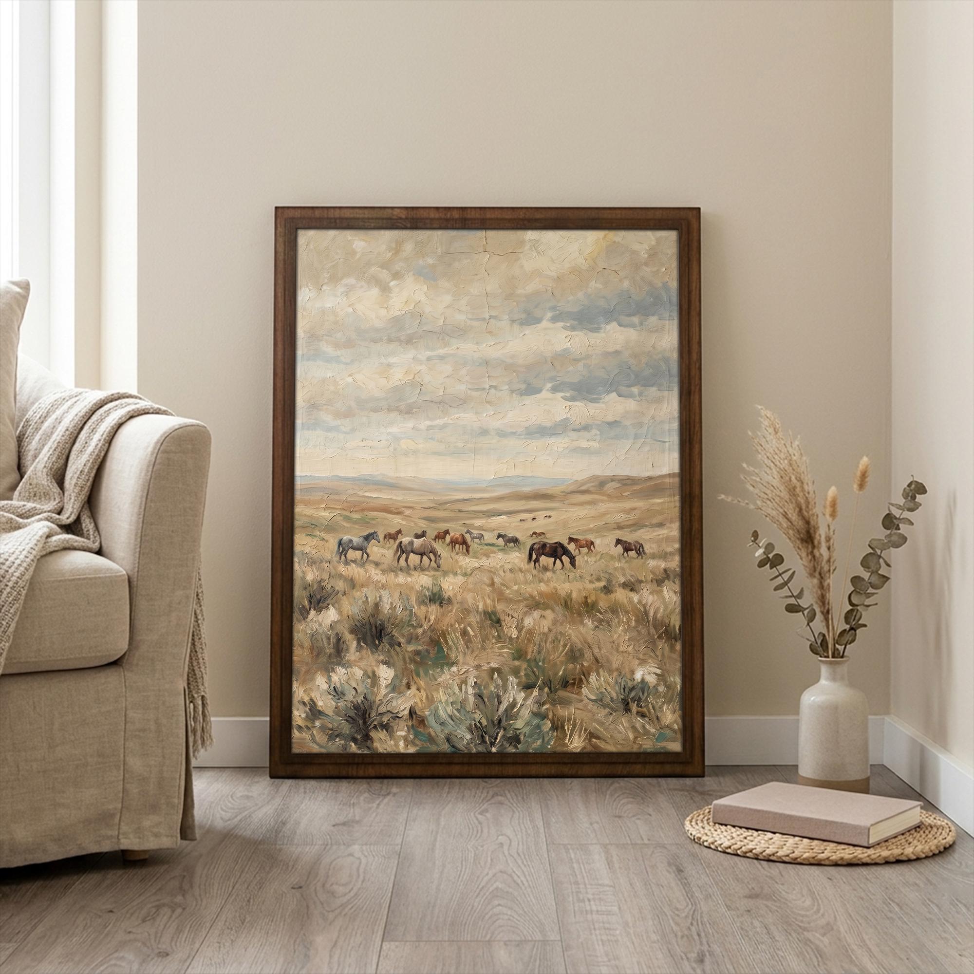 Wild horse wall art, Western landscape print, Running horses painting, Vintage southwest decor, Rustic farmhouse sign, Framed wood canvas