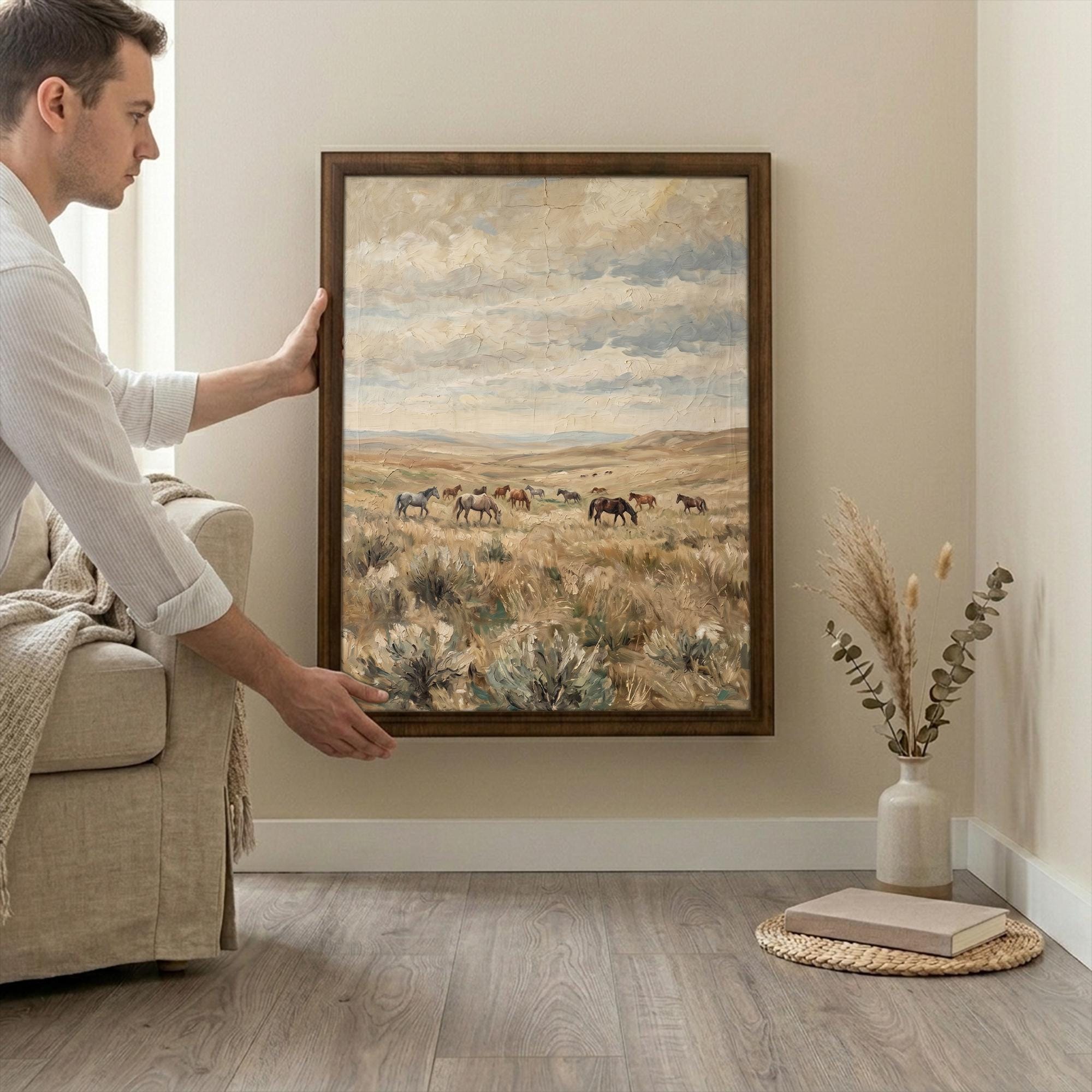 Wild horse wall art, Western landscape print, Running horses painting, Vintage southwest decor, Rustic farmhouse sign, Framed wood canvas