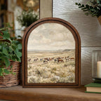 Wild Horses Painting, Western Landscape Wall Art, Arched Wood Frame Decor, Rustic Prairie Canvas Print, Vintage Farmhouse Artwork,Horse Herd
