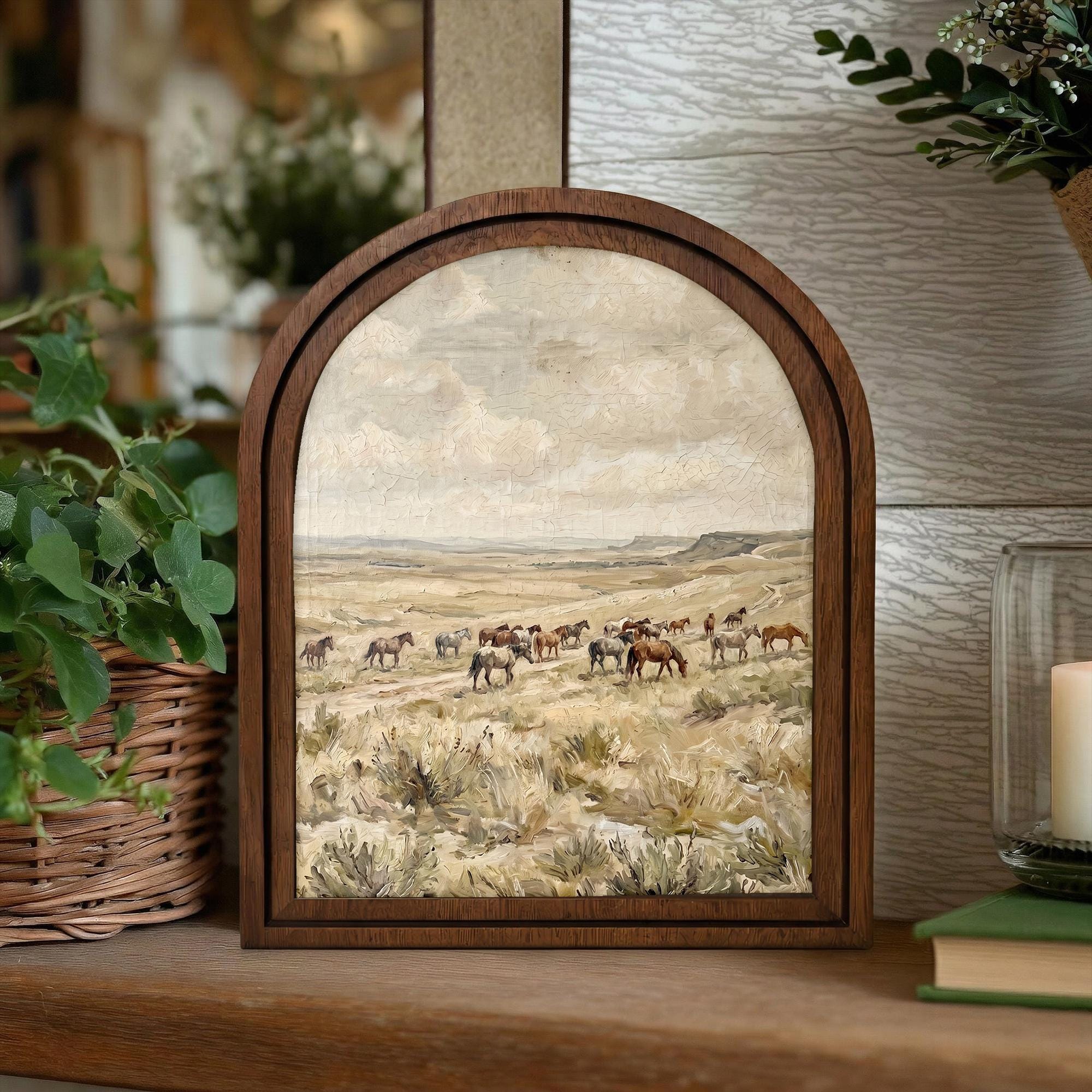 Wild Horses Painting, Western Landscape Wall Art, Arched Wood Frame Decor, Rustic Prairie Canvas Print, Vintage Farmhouse Artwork,Horse Herd