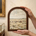 Wild Horses Painting, Western Landscape Wall Art, Arched Wood Frame Decor, Rustic Prairie Canvas Print, Vintage Farmhouse Artwork,Horse Herd