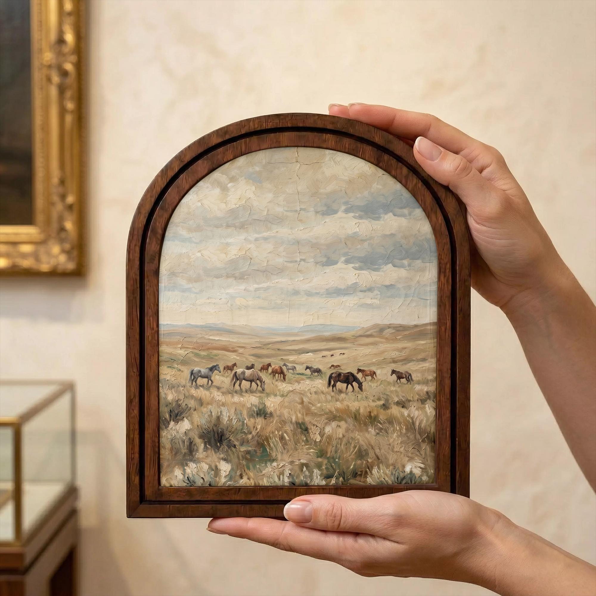 Wild Horses Painting, Western Landscape Wall Art, Arched Wood Frame Decor, Rustic Prairie Canvas Print, Vintage Farmhouse Artwork,Horse Herd