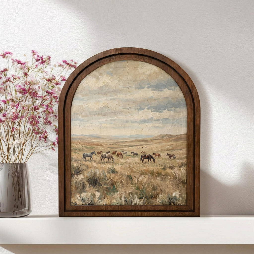 Wild Horses Painting, Western Landscape Wall Art, Arched Wood Frame Decor, Rustic Prairie Canvas Print, Vintage Farmhouse Artwork,Horse Herd