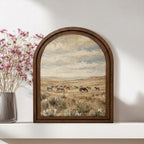 Wild Horses Painting, Western Landscape Wall Art, Arched Wood Frame Decor, Rustic Prairie Canvas Print, Vintage Farmhouse Artwork,Horse Herd