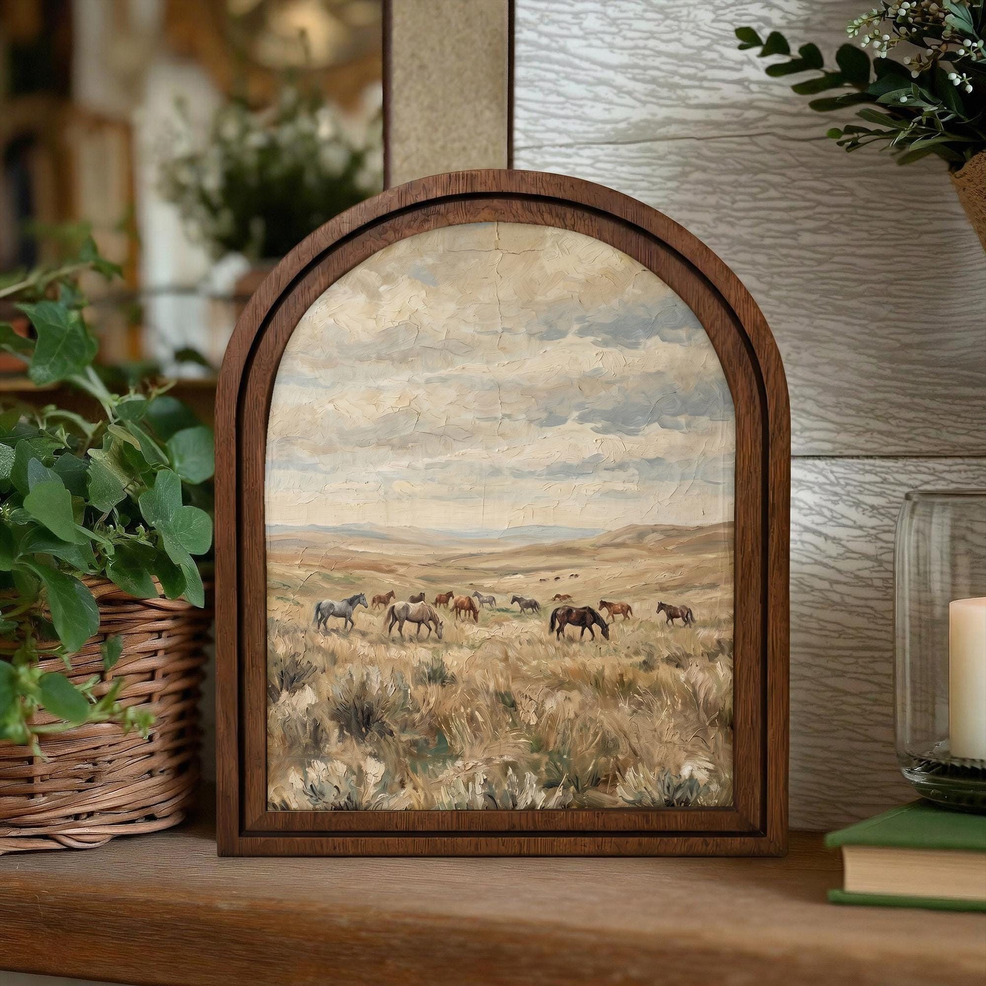 Wild Horses Painting, Western Landscape Wall Art, Arched Wood Frame Decor, Rustic Prairie Canvas Print, Vintage Farmhouse Artwork,Horse Herd