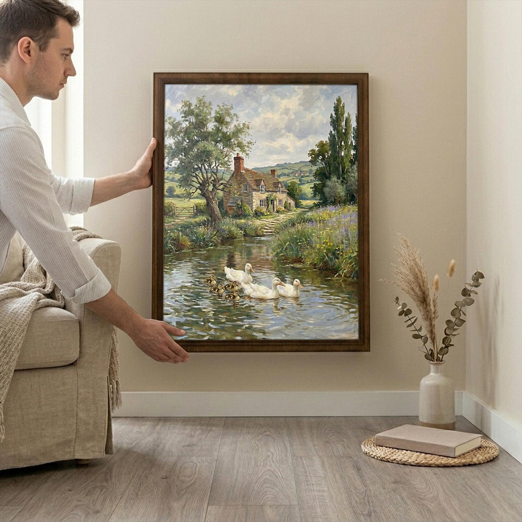 Duck Oil Painting, Countryside Landscape Wall Art, Farmhouse Decor, Framed Canvas Wood Art, Cottagecore Decor, Rustic Nature Art, Duck Print
