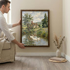 Duck Oil Painting, Countryside Landscape Wall Art, Farmhouse Decor, Framed Canvas Wood Art, Cottagecore Decor, Rustic Nature Art, Duck Print