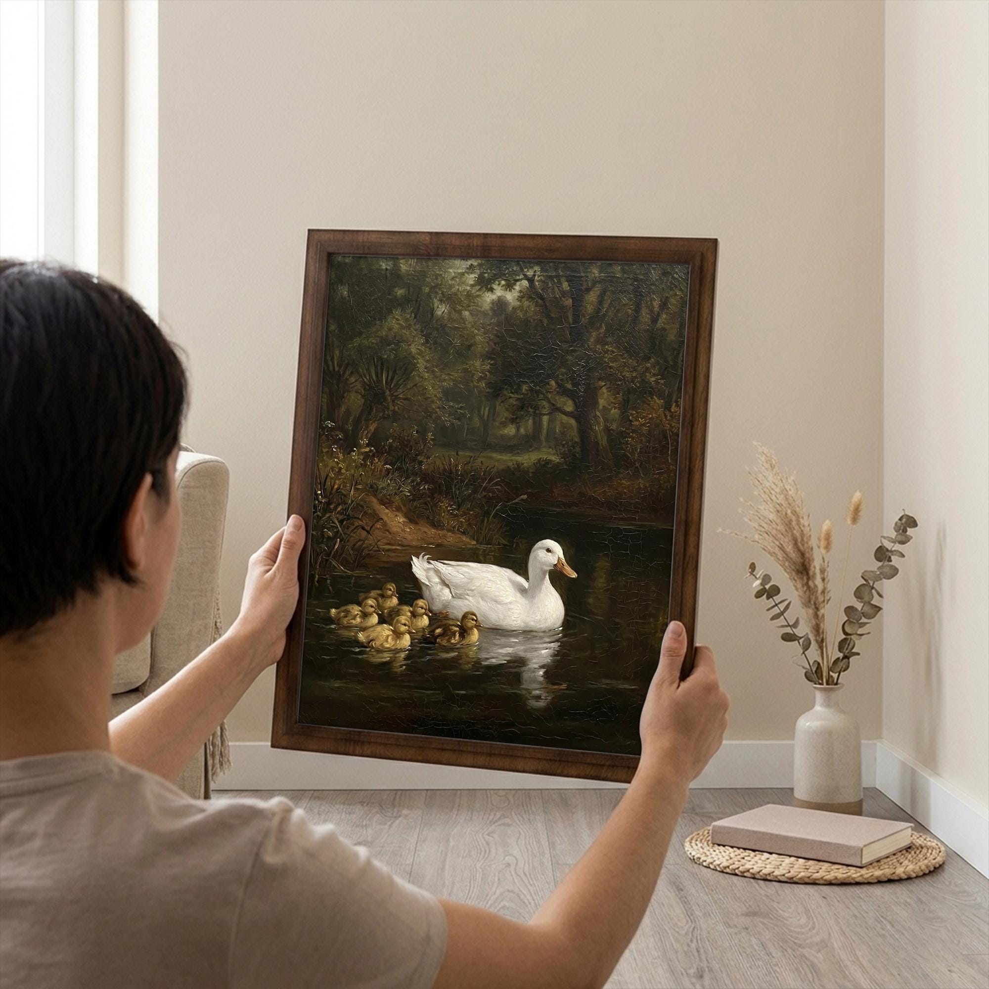 Duck Oil Painting, Countryside Landscape Wall Art, Farmhouse Decor, Framed Canvas Wood Art, Cottagecore Decor, Rustic Nature Art, Duck Print