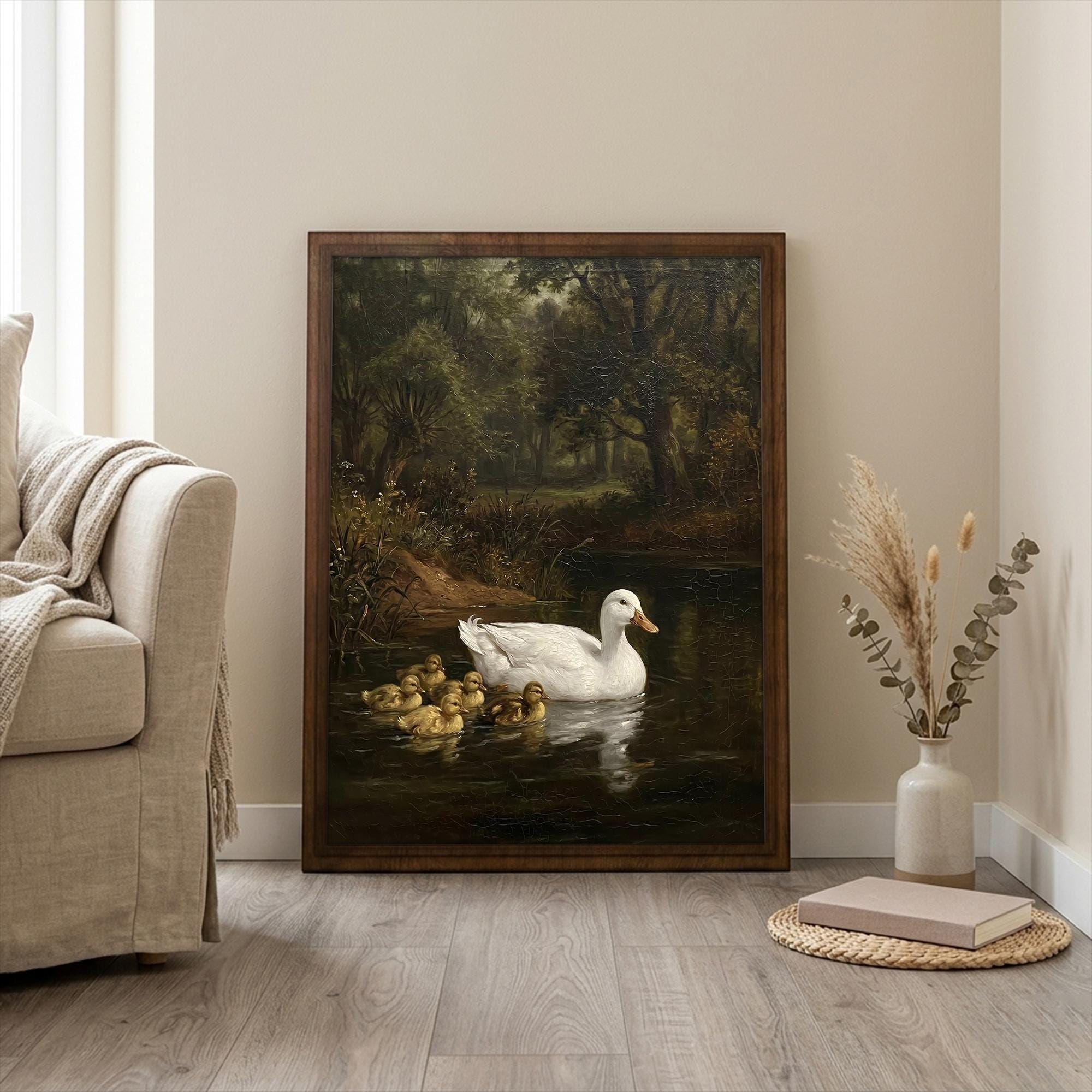 Duck Oil Painting, Countryside Landscape Wall Art, Farmhouse Decor, Framed Canvas Wood Art, Cottagecore Decor, Rustic Nature Art, Duck Print