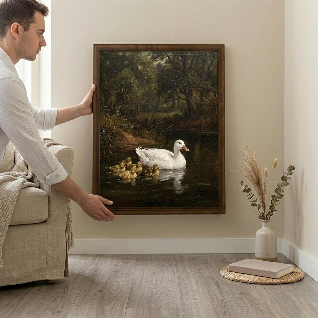 Duck Oil Painting, Countryside Landscape Wall Art, Farmhouse Decor, Framed Canvas Wood Art, Cottagecore Decor, Rustic Nature Art, Duck Print
