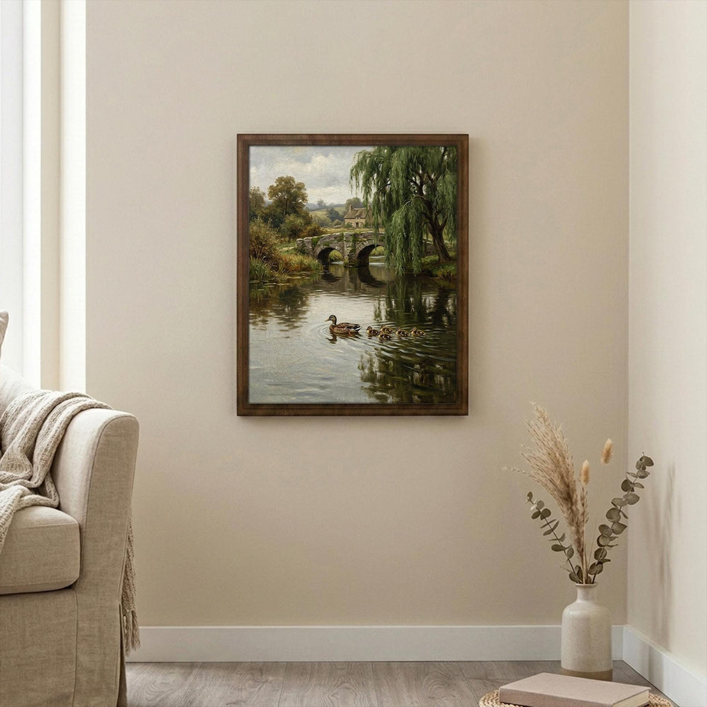 Framed Vintage Duck Painting, Antique Oil Painting Canvas, Country Cottage Wall Art, Rustic Farmhouse Decor, Stone Bridge River Landscape