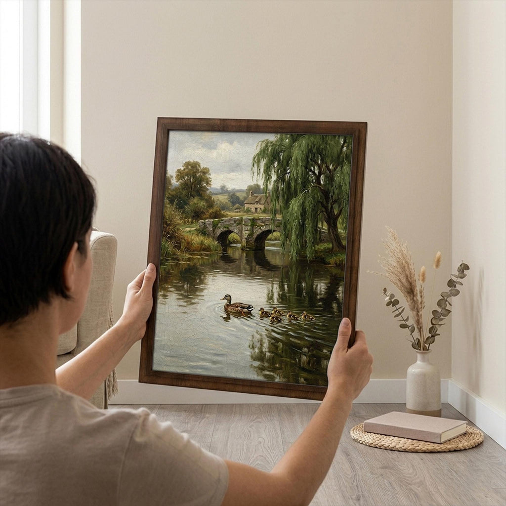 Framed Vintage Duck Painting, Antique Oil Painting Canvas, Country Cottage Wall Art, Rustic Farmhouse Decor, Stone Bridge River Landscape