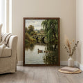Framed Vintage Duck Painting, Antique Oil Painting Canvas, Country Cottage Wall Art, Rustic Farmhouse Decor, Stone Bridge River Landscape