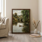 Framed Vintage Duck Painting, Antique Oil Painting Canvas, Country Cottage Wall Art, Rustic Farmhouse Decor, Stone Bridge River Landscape