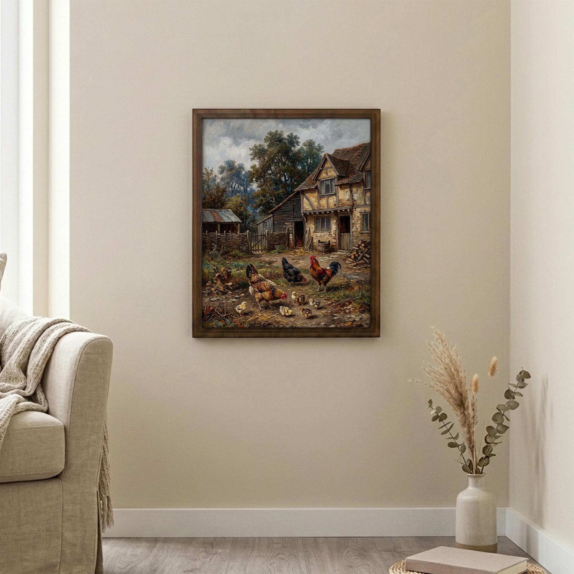 Rooster Oil Painting, Farmhouse Wall Decor, Chicken Family Art, Framed Canvas Wood Art, Cottagecore Decor, Rustic Countryside, Poultry Print