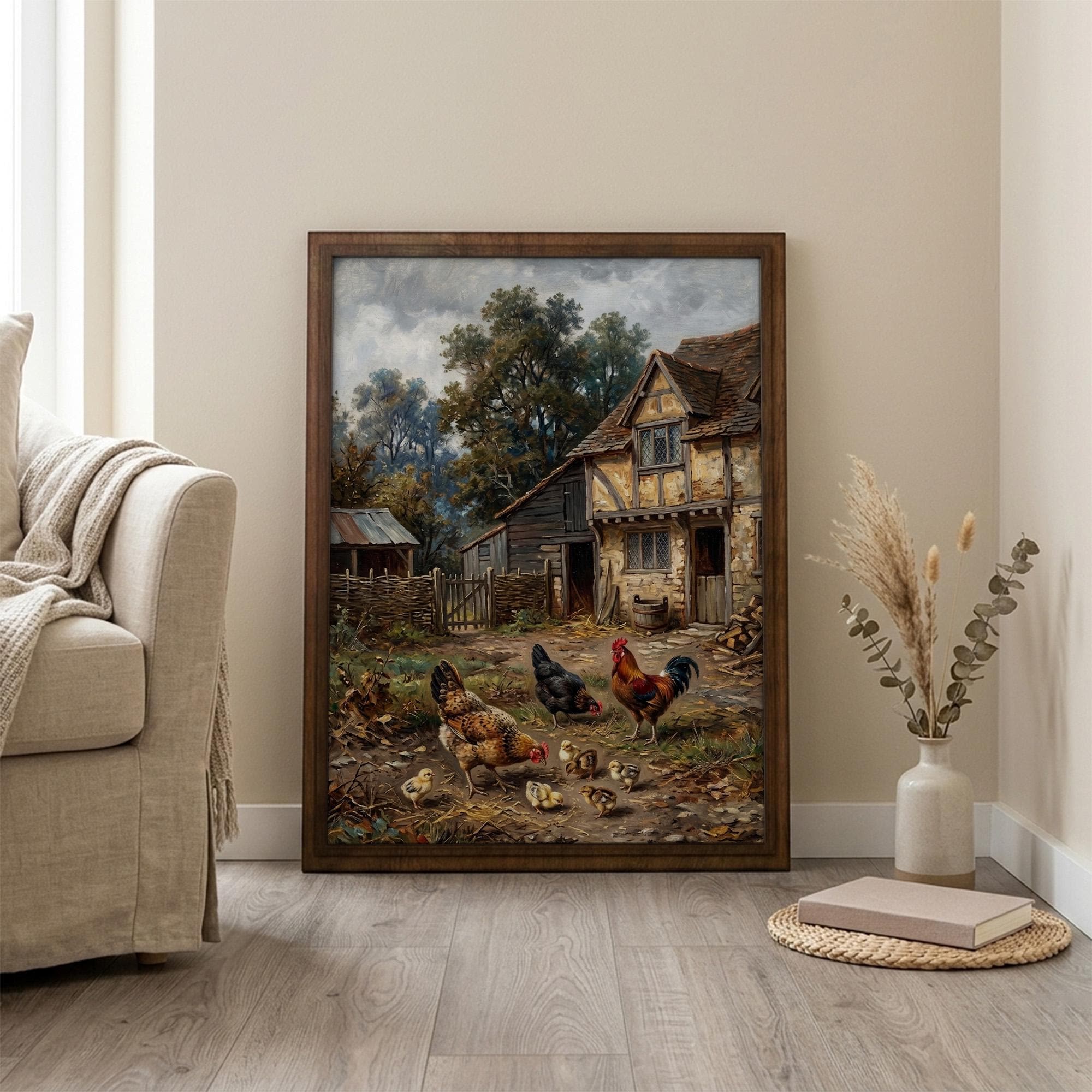 Rooster Oil Painting, Farmhouse Wall Decor, Chicken Family Art, Framed Canvas Wood Art, Cottagecore Decor, Rustic Countryside, Poultry Print