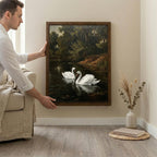Framed Vintage Swan Painting, Antique Oil Painting Canvas, Moody Landscape Wall Art, Rustic Farmhouse Decor, Dark Academia Home Decor