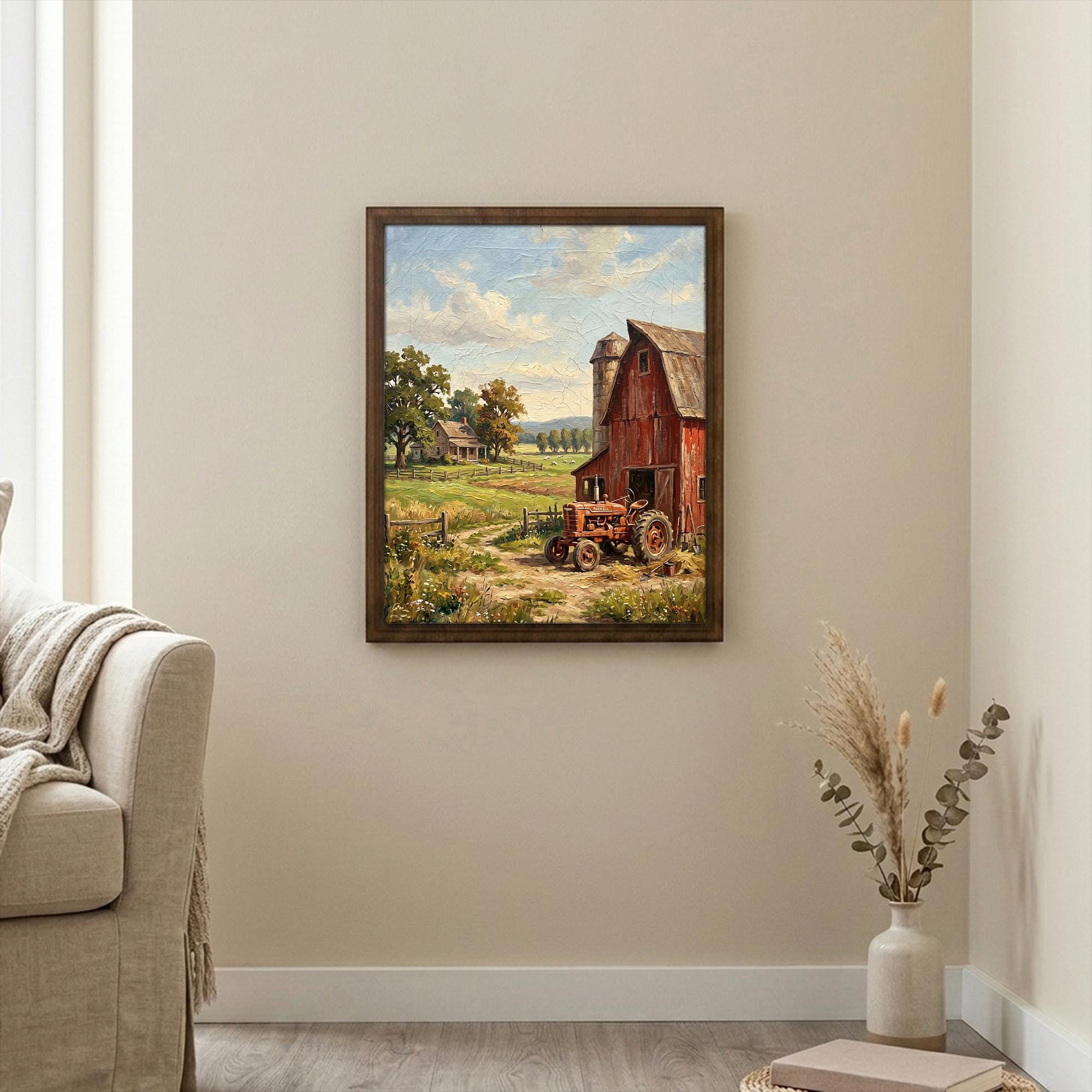 Farmhouse Wall Art, Red Barn Painting, Vintage Tractor Decor, Country Landscape Canvas, Framed Wood Art, Rustic Home Decor, Farm Print