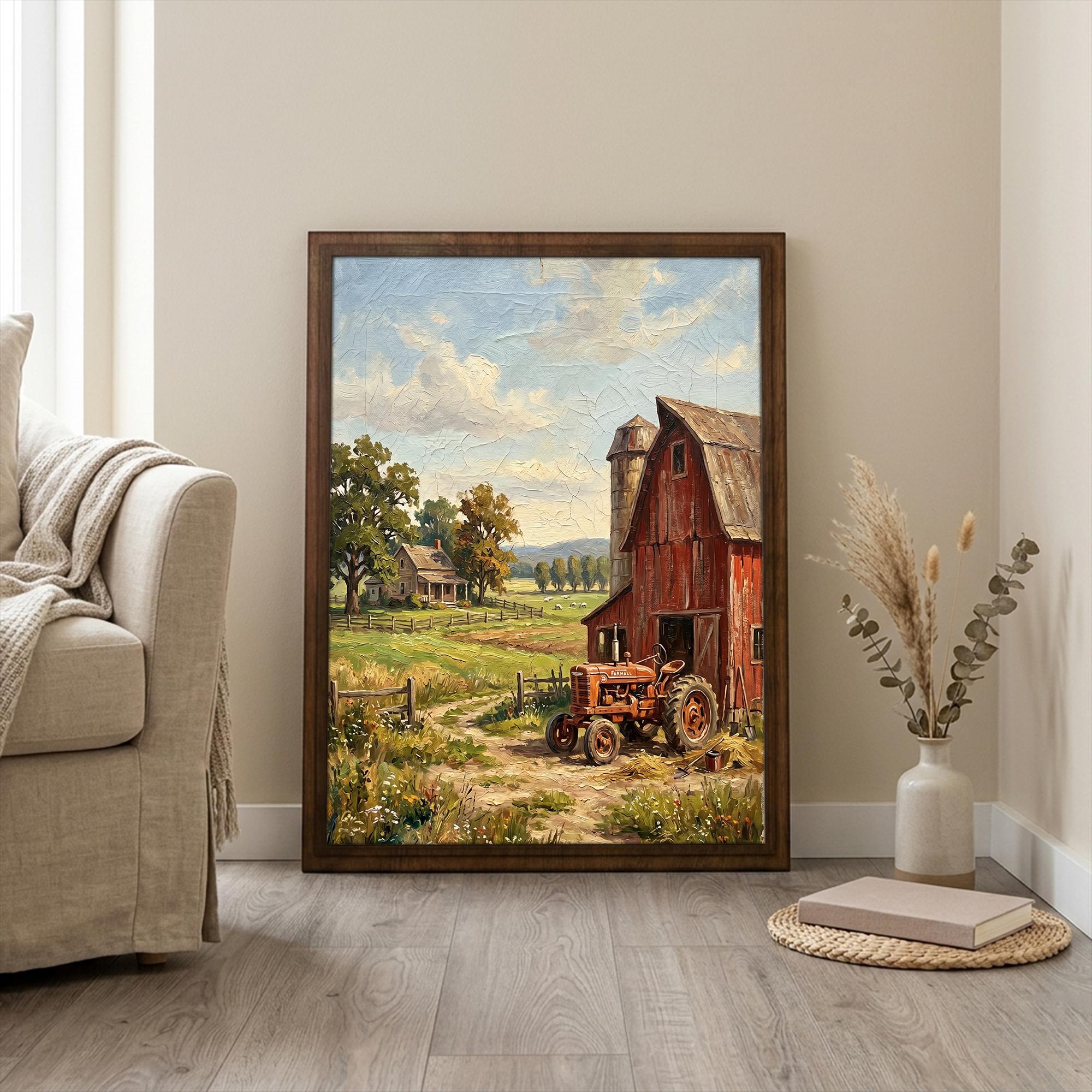 Farmhouse Wall Art, Red Barn Painting, Vintage Tractor Decor, Country Landscape Canvas, Framed Wood Art, Rustic Home Decor, Farm Print