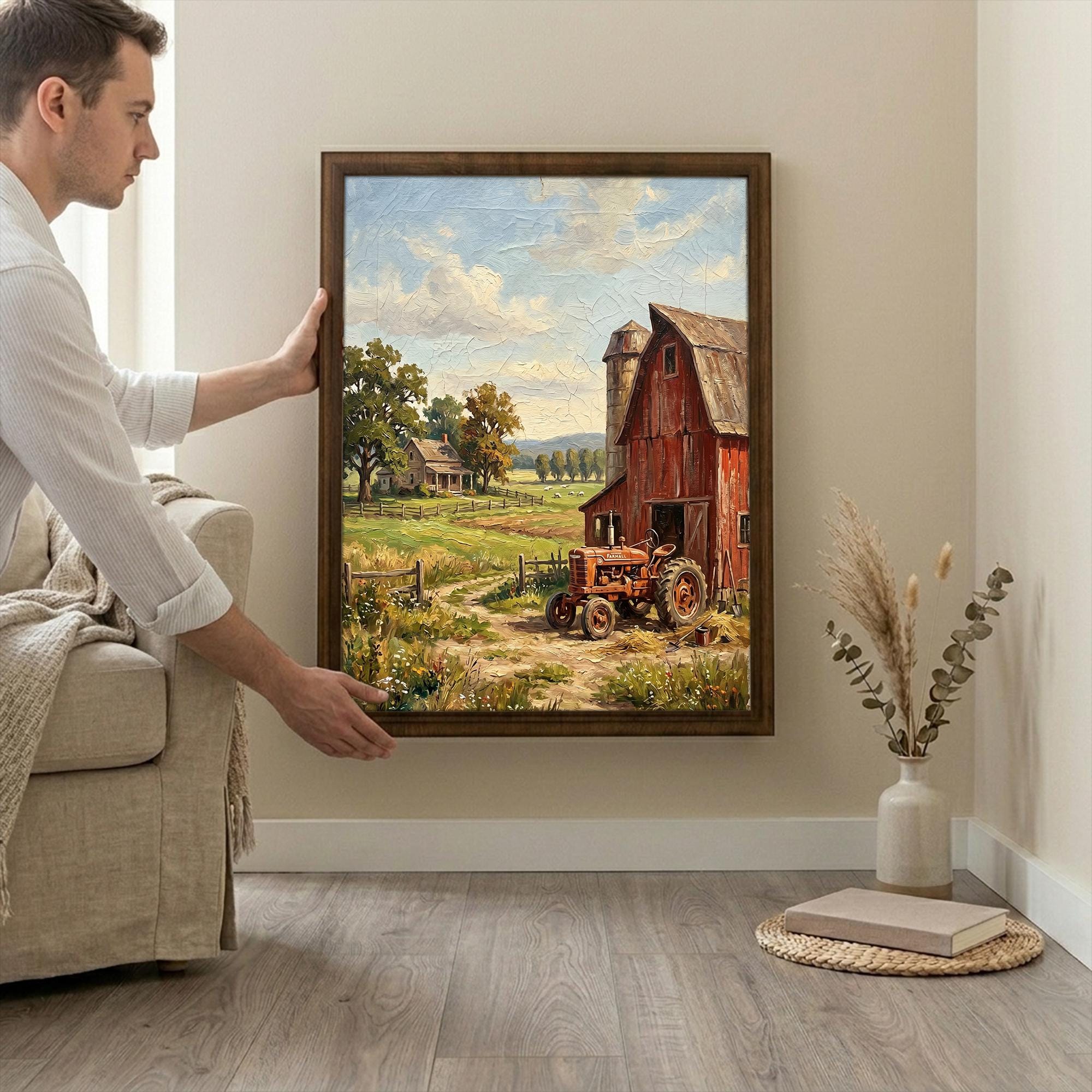Farmhouse Wall Art, Red Barn Painting, Vintage Tractor Decor, Country Landscape Canvas, Framed Wood Art, Rustic Home Decor, Farm Print