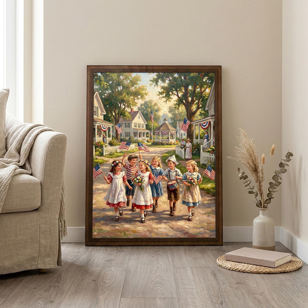 4th of July Wall Art, Patriotic Kids Decor, Independence Day Painting, American Flag Canvas, Vintage USA Town Print, Memorial Day Gift