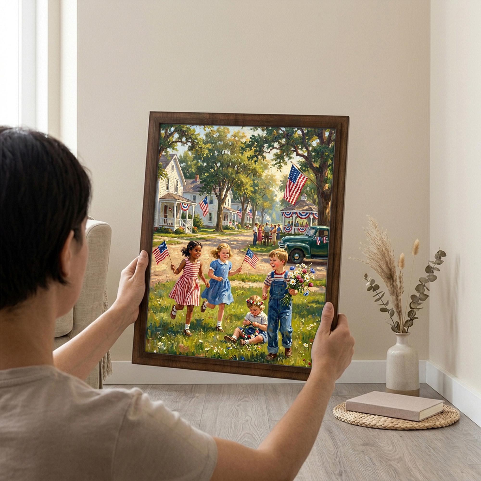 4th of July Wall Art, Patriotic Kids Decor, Independence Day Painting, American Flag Canvas, Vintage USA Town Print, Memorial Day Gift