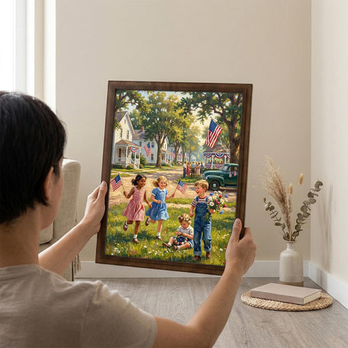 4th of July Wall Art, Patriotic Kids Decor, Independence Day Painting, American Flag Canvas, Vintage USA Town Print, Memorial Day Gift
