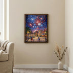 4th of July Fireworks Art, Patriotic Wall Decor, Independence Day Painting, American Flag Town Canvas, Framed Wood Decor, New Year Art Gift