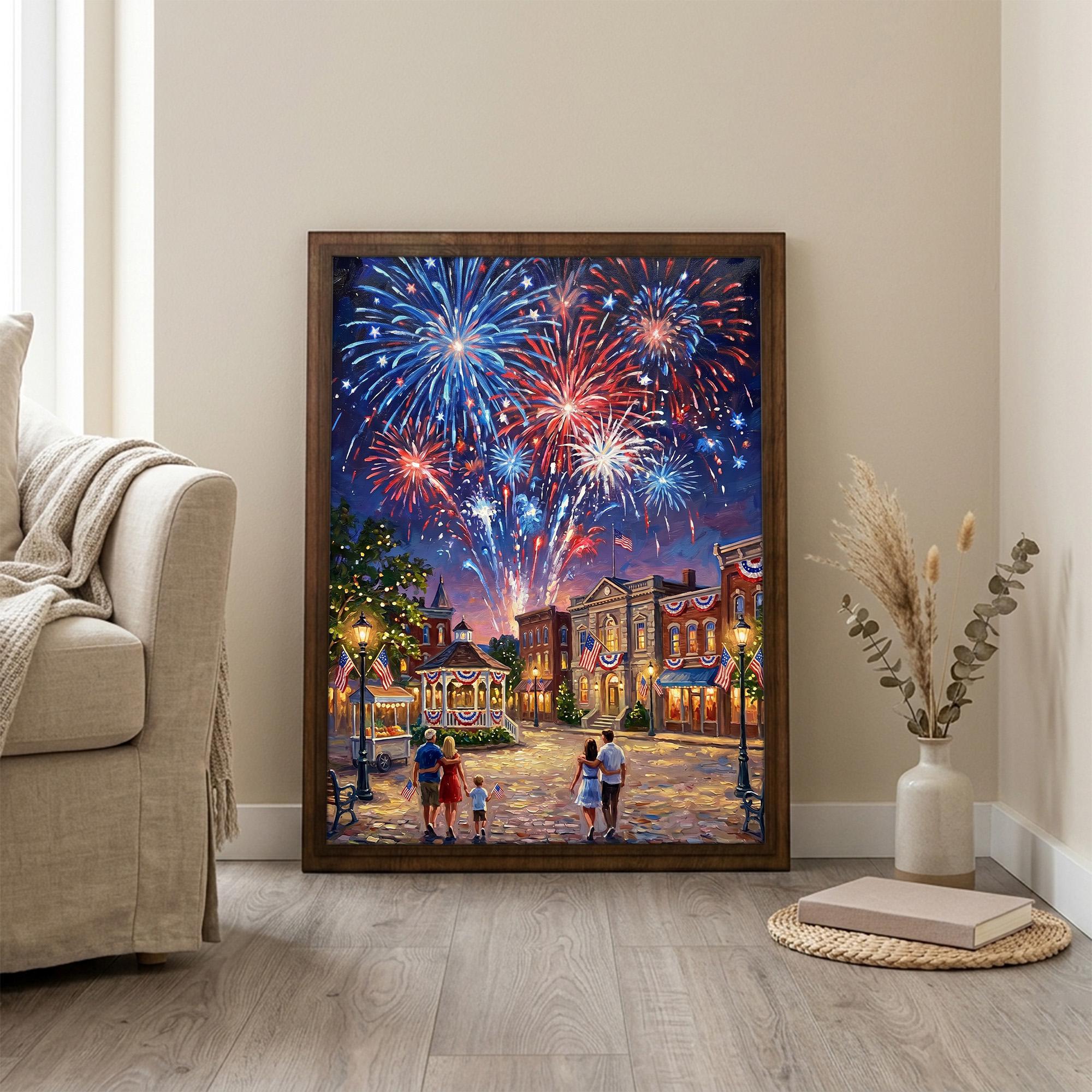 4th of July Fireworks Art, Patriotic Wall Decor, Independence Day Painting, American Flag Town Canvas, Framed Wood Decor, New Year Art Gift