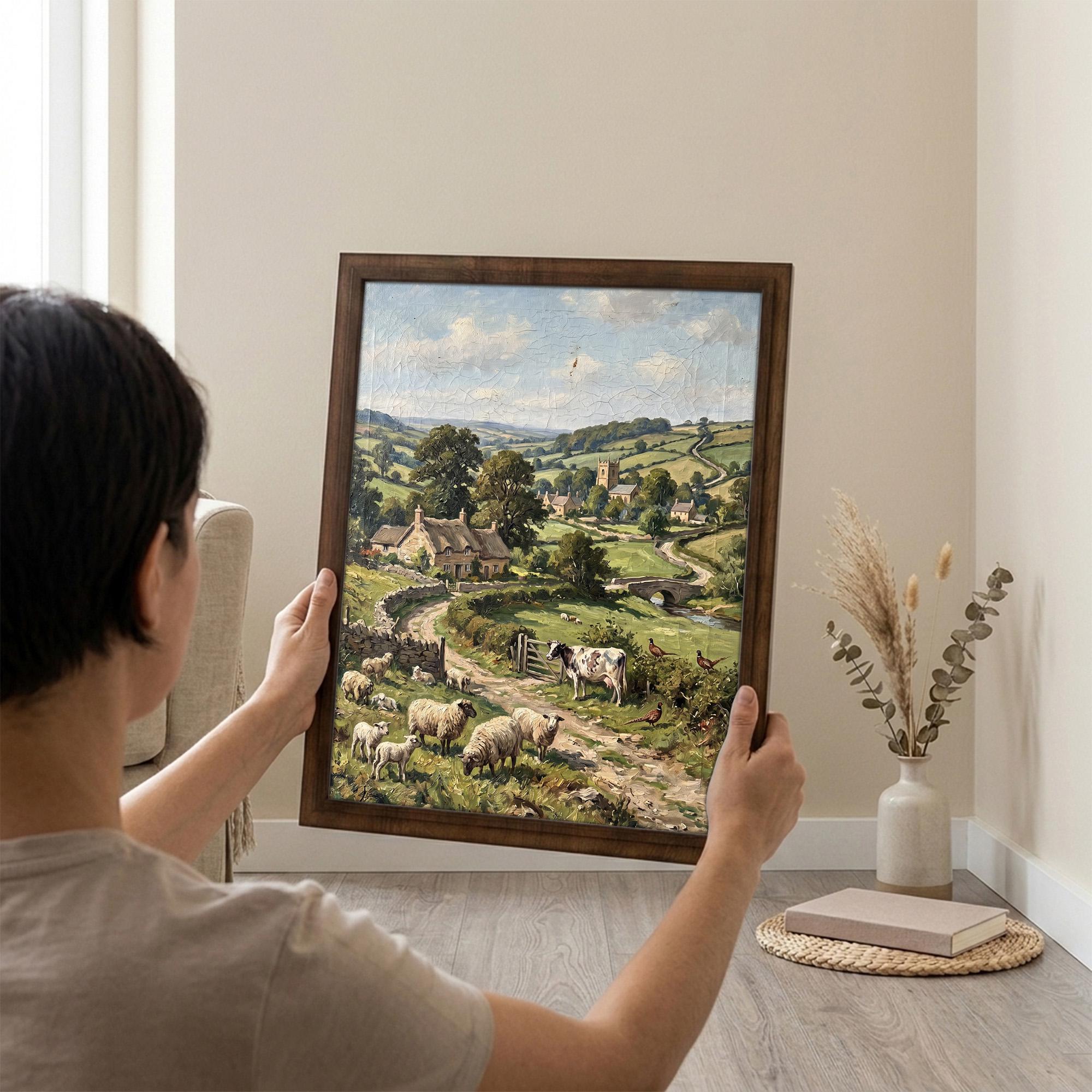 Cottagecore Wall Art, Farmhouse Landscape Painting, Vintage Countryside Print, Sheep and Cows Canvas, Rustic Home Decor, English Village Art