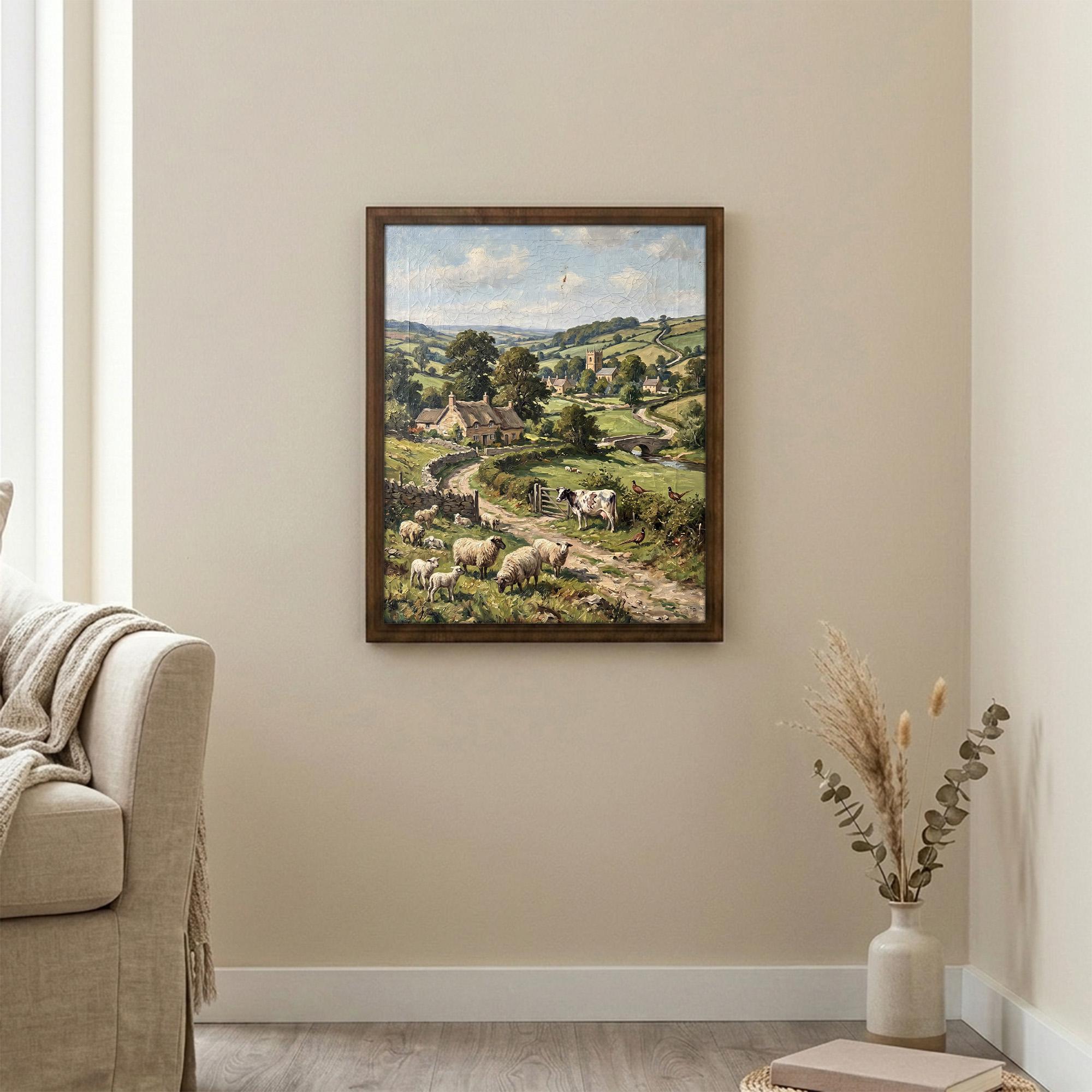 Cottagecore Wall Art, Farmhouse Landscape Painting, Vintage Countryside Print, Sheep and Cows Canvas, Rustic Home Decor, English Village Art