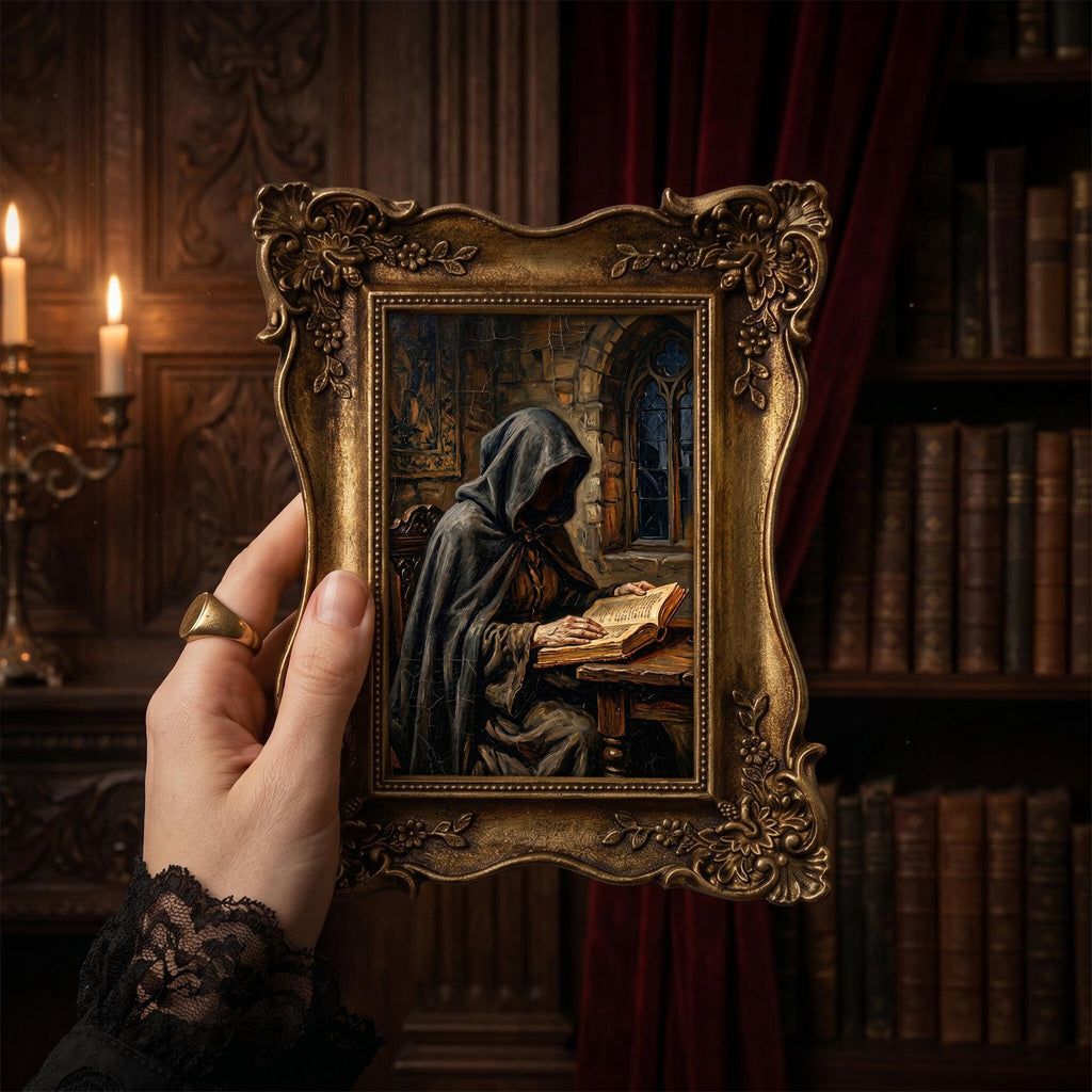 Mystical Monk Scholar, Gothic Renaissance Art, Wizard Alchemist Canvas, Medieval fantasy Decor, Framed dark art, Vintage Occult print