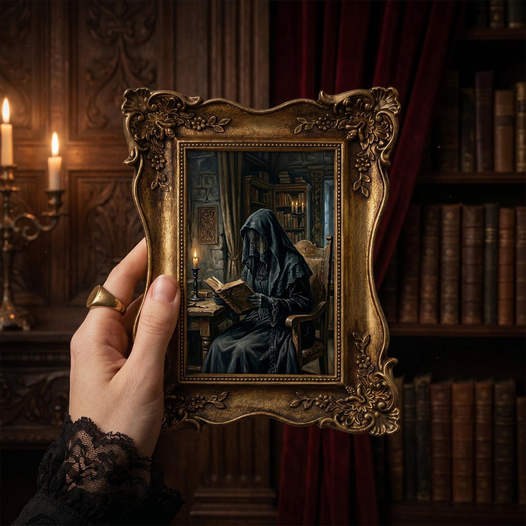 Dark Academia Wall Art, Gothic Victorian Decor, Grim Reaper Canvas, Witchy Room Aesthetics, Ornate Framed Print, Haunted Library Painting
