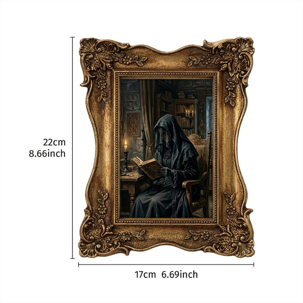 Dark Academia Wall Art, Gothic Victorian Decor, Grim Reaper Canvas, Witchy Room Aesthetics, Ornate Framed Print, Haunted Library Painting