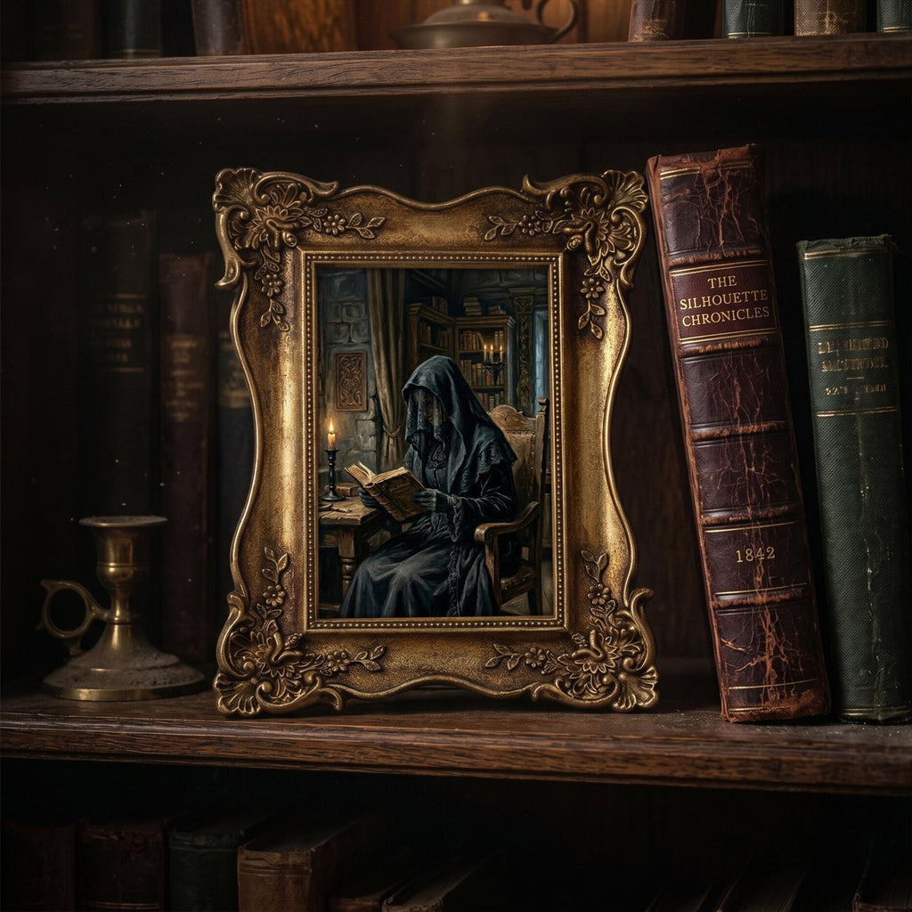 Dark Academia Wall Art, Gothic Victorian Decor, Grim Reaper Canvas, Witchy Room Aesthetics, Ornate Framed Print, Haunted Library Painting