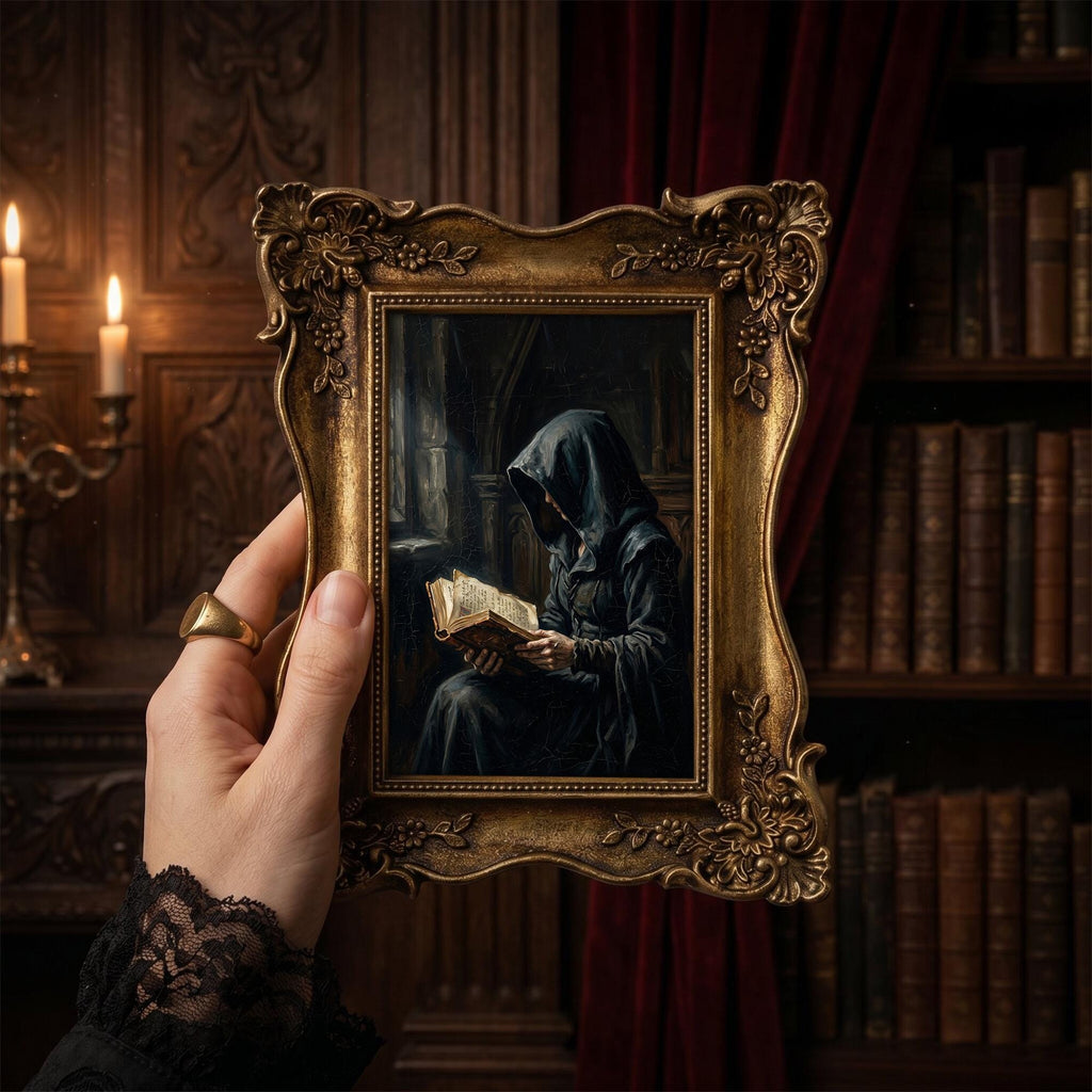 Dark Academia Wall Art, Gothic Monk Painting, Mystical Witchy Decor, Ornate Framed Canvas, Vintage Medieval Print, Haunted Library Decor
