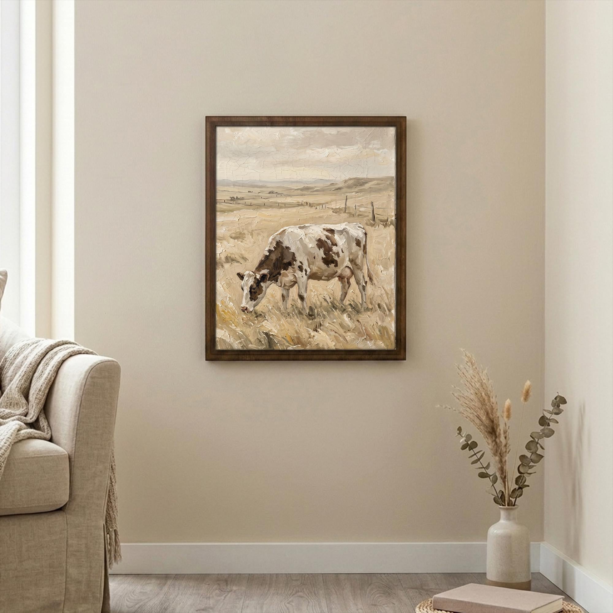 Vintage Cow Oil Painting Canvas Wood Art, Farmhouse Wall Decor, Rustic Countryside Landscape, Grazing Cow Print, Layered Wooden Framed Art