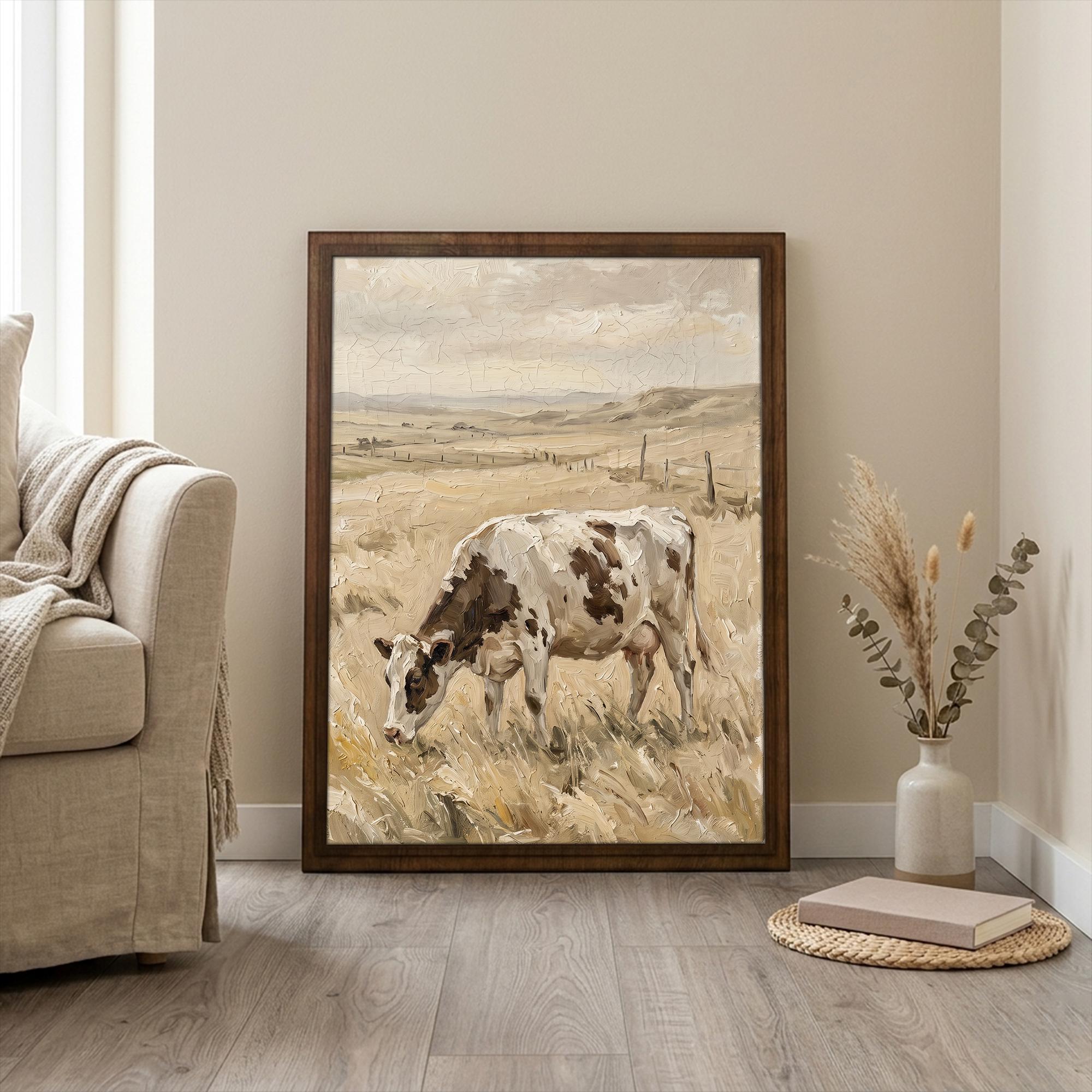 Vintage Cow Oil Painting Canvas Wood Art, Farmhouse Wall Decor, Rustic Countryside Landscape, Grazing Cow Print, Layered Wooden Framed Art